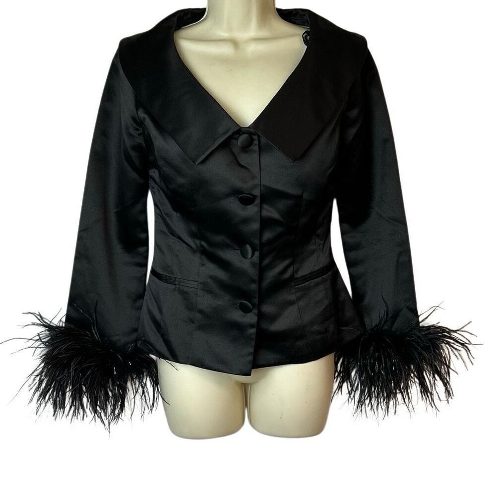 Vintage 80s 90s Jessica Howard Black Satin Jacket with Ostrich Feather Cuffs Siz